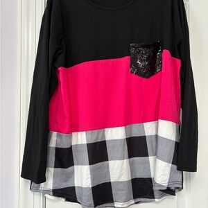 Black and Pink Plaid Shirt with Sequin Pocket